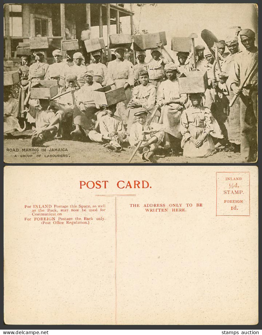 Jamaica Old Postcard Road Making in Jamaica A Group of Labourers Men Women Spade