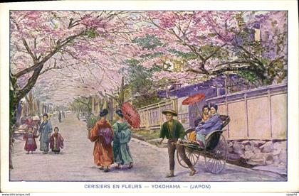 CPA Cerisiers en Fleurs Yokohama Japon Nippon