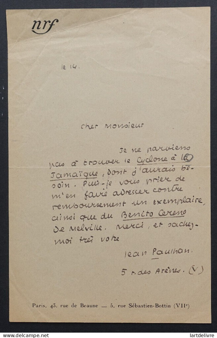 Jean PAULHAN, Gérant de la Nouvelle Revue Française, LETTRE AUTOGRAPHE SIGNÉE