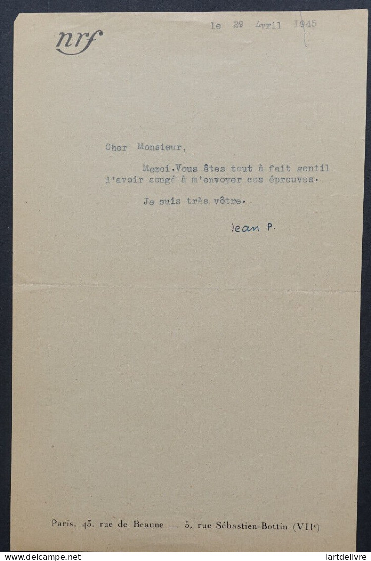 Jean PAULHAN, Gérant de la Nouvelle Revue Française - TAPUSCRIT SIGNÉ, 1945