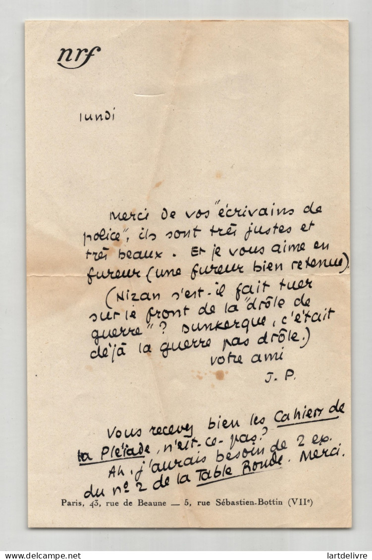 Jean Paulhan - Lettre autographe signée - "c'était déjà la guerre pas drôle"
