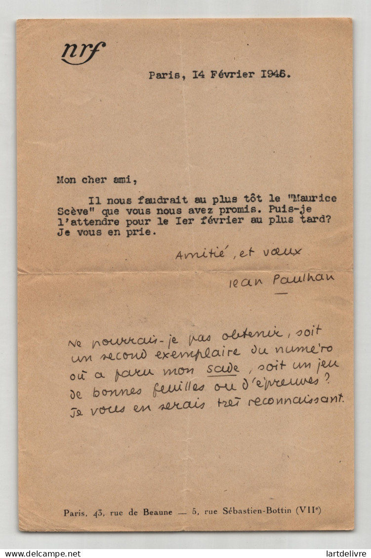 Jean Paulhan - Lettre dactylographiée et autographe signée - 1946