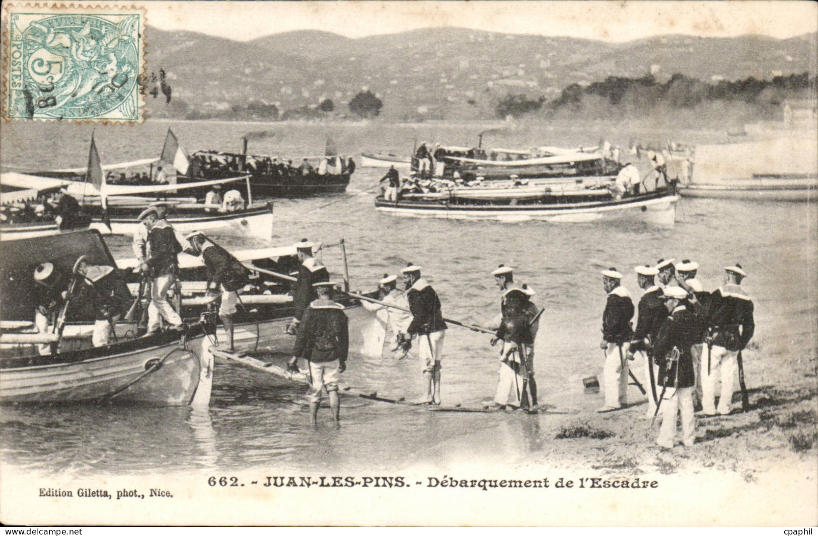 Juan les Pins - Debarquement de l'Escadre - bateau - CPA