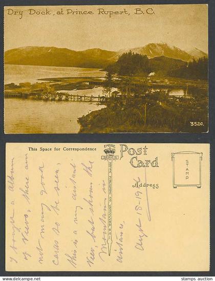Canada 1916 Old Postcard Dry Dock at Prince Rupert B.C. Bridge Mountain Panorama