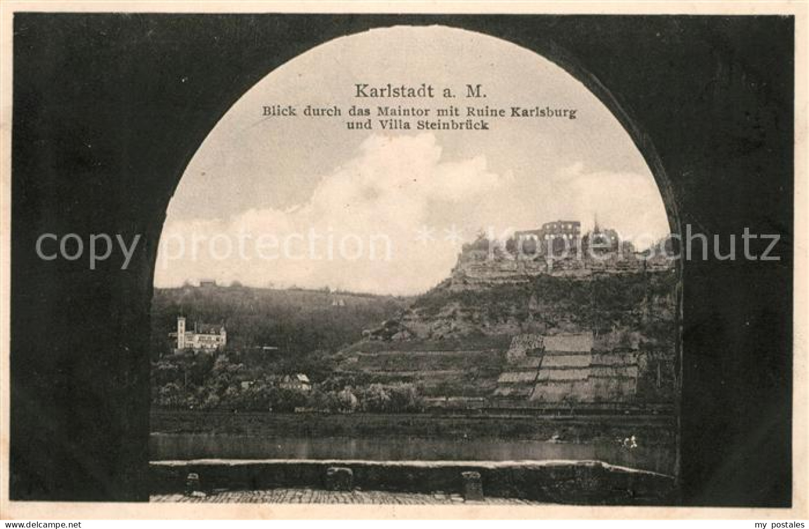 Karlstadt Main Blick durchs Maintor mit Ruine Karlsburg und Villa Steinbrueck