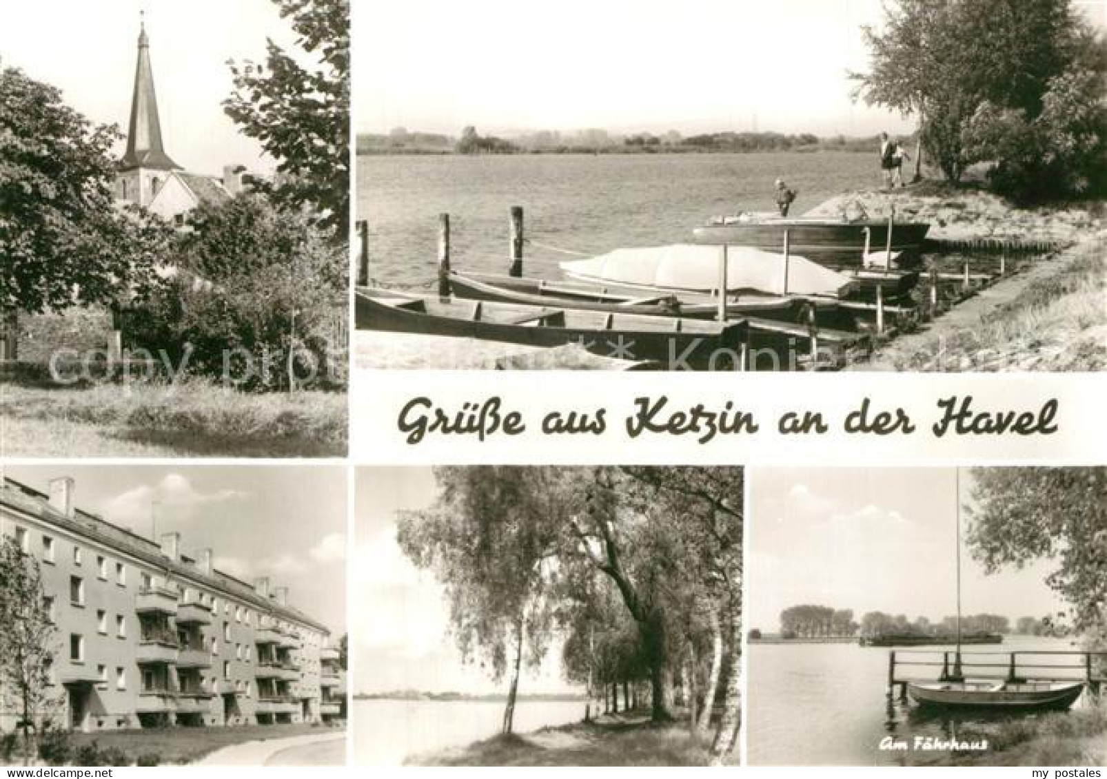 Ketzin Motiv mit Kirche Wohnblock Partie an der Havel Faehrhaus