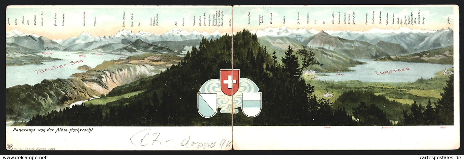 Klapp-AK Langnau am Albis, Albis-Hochwacht, Panorama mit Clariden, Züricher See und Zugersee