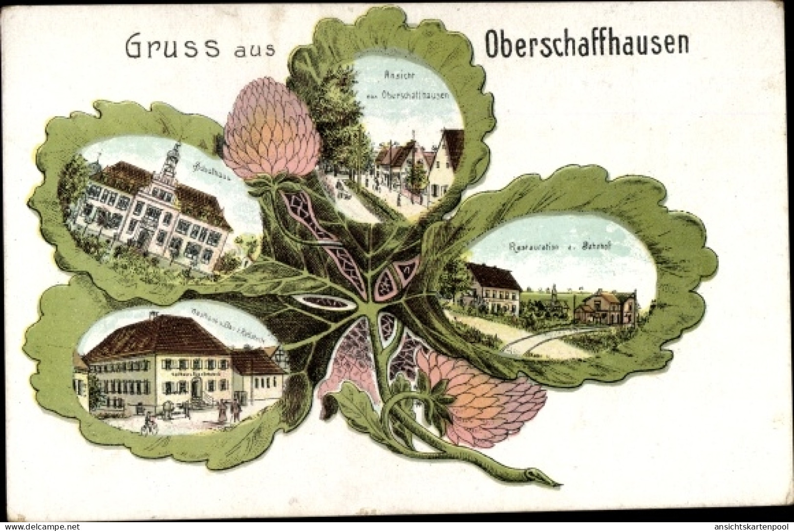 Kleeblatt Lithographie Oberschaffhausen Bötzingen im Schwarzwald, Restauration, Bahnhof, Schulhaus