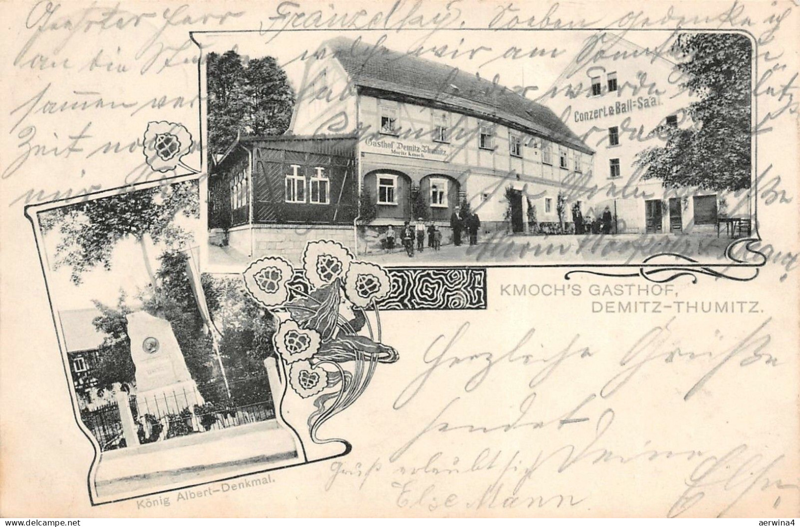 Kmoch's Gasthof Demitz-Thumitz König-Albert-Denkmal Postkarte AK 1907