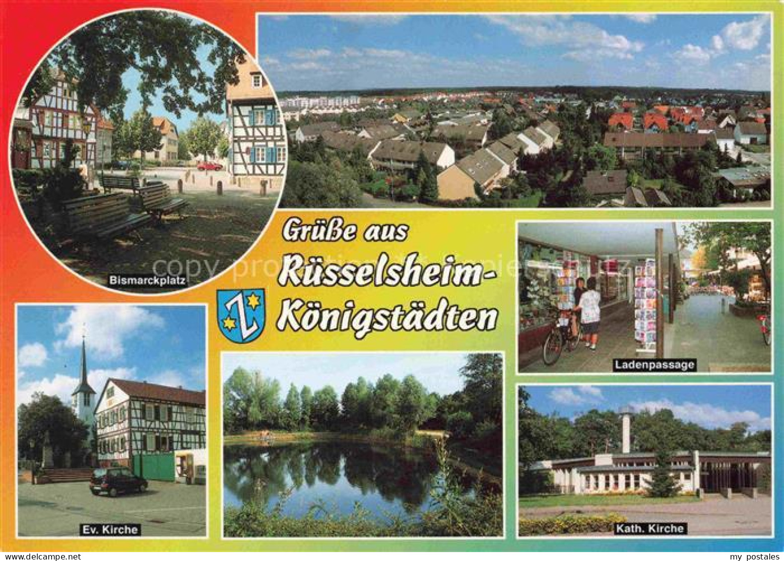 Koenigstaedten Ruesselsheim Hessen Bismarckplatz Fachwerk Panorama Ev-Kirche Kat
