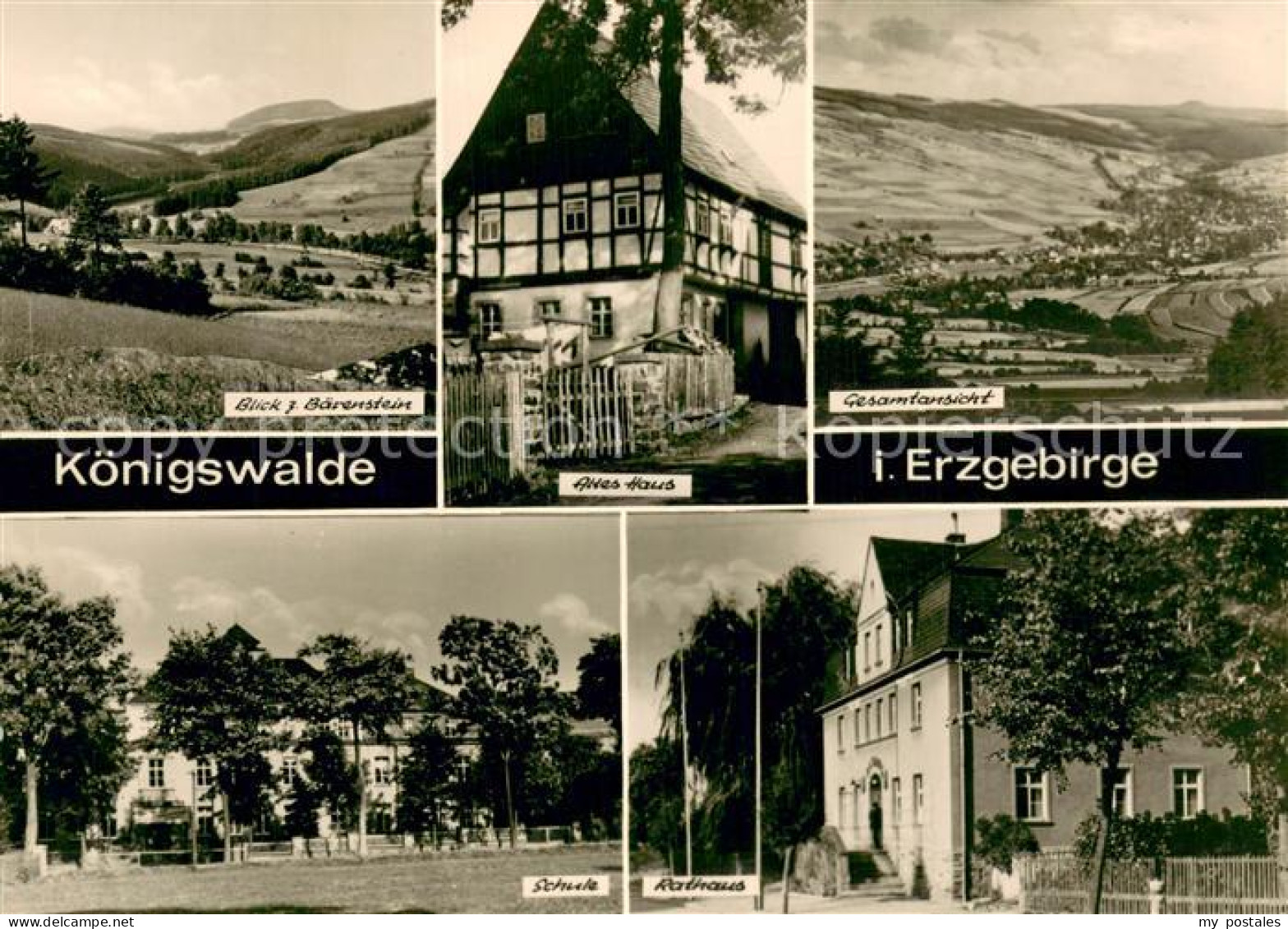 Koenigswalde Erzgebirge Blick zum Baerenstein Altes Haus Panorama Schule Rathaus