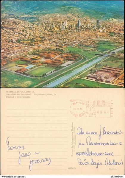 Medellín Luftbild Überflugkarte City Aerial View, Stadt vom Flugzeug aus 1979