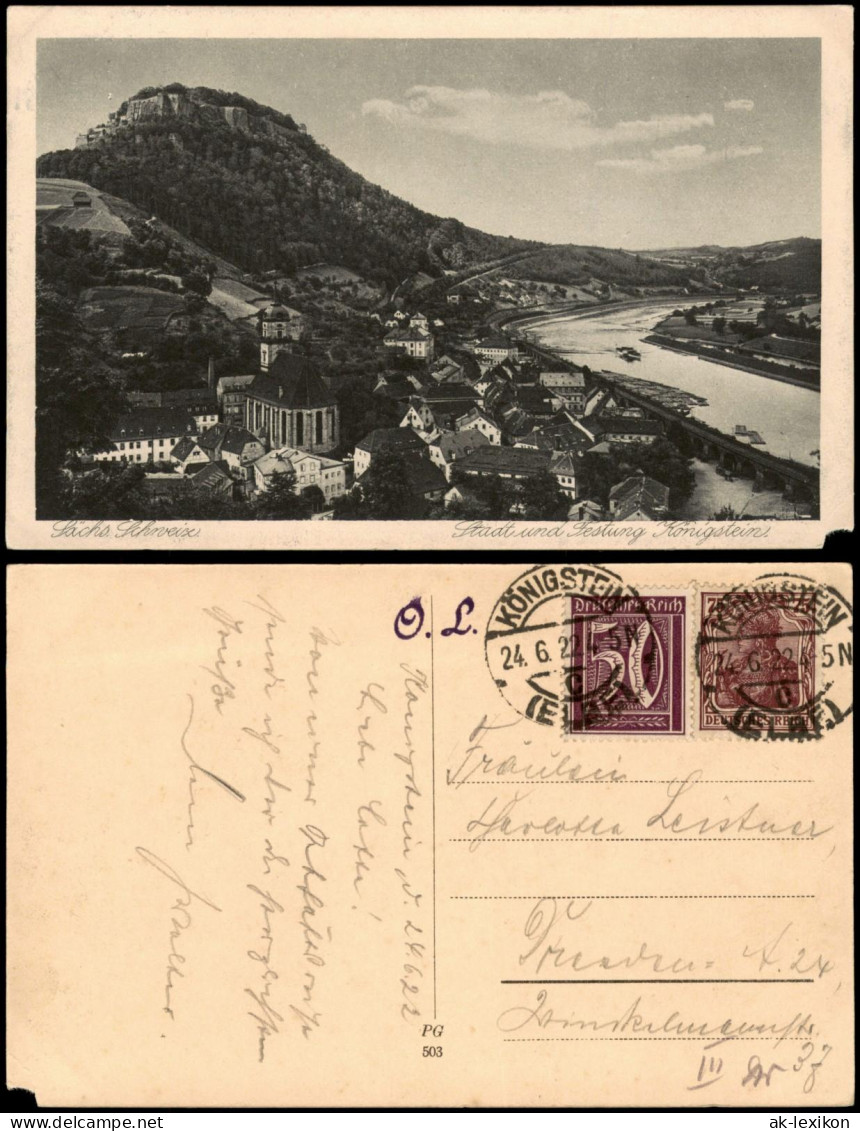 Königstein (Sächsische Schweiz) Stadt, Elbe und Festung Königstein 1922