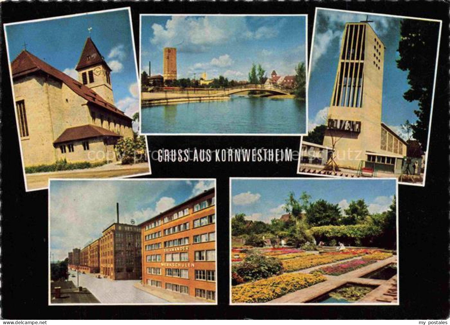 Kornwestheim Kirche Fluss Bruecke Salamander-Werkschulen Fabrik Blumengarten mod