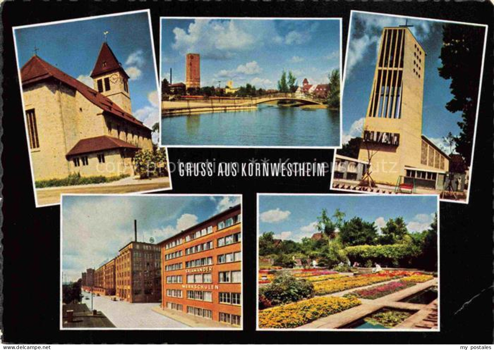 Kornwestheim Kirche Teich Bruecke Wasserturm Salamander-Werkschulen Blumengarten