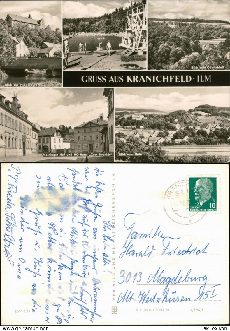Kranichfeld Niederburg, Freibad, Oberschloß, Meininger Hof, Panorama 1970