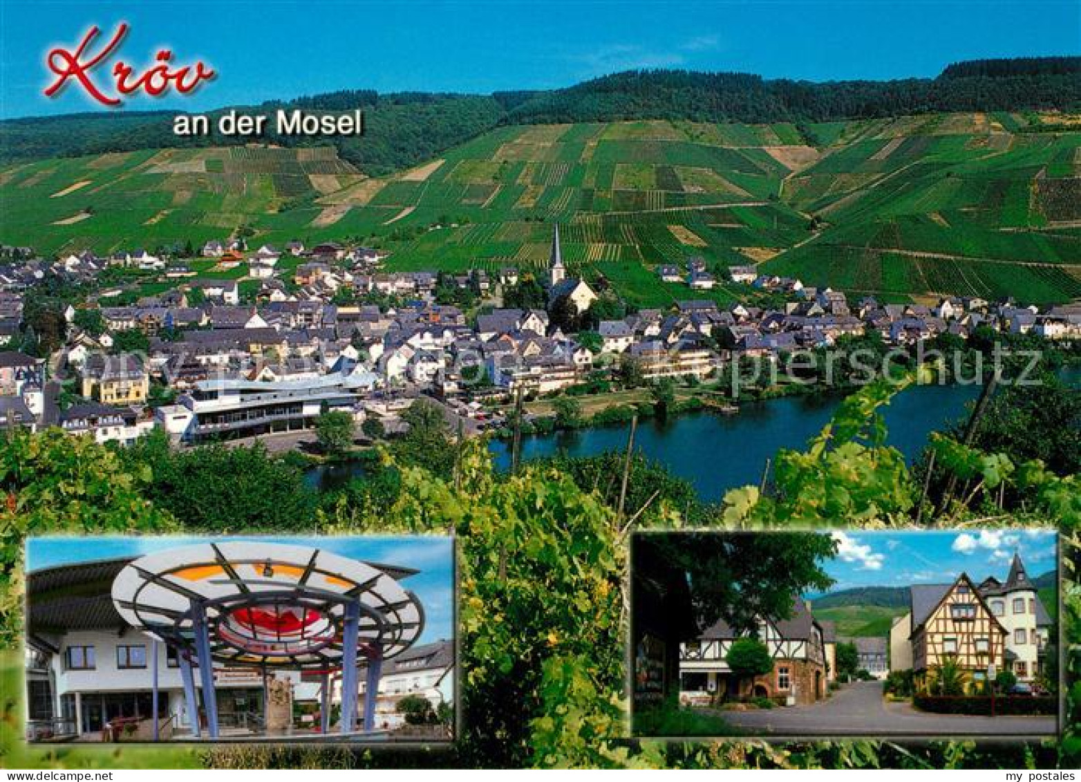 Kroev Mosel Panorama Weinberge Fachwerkhaeuser