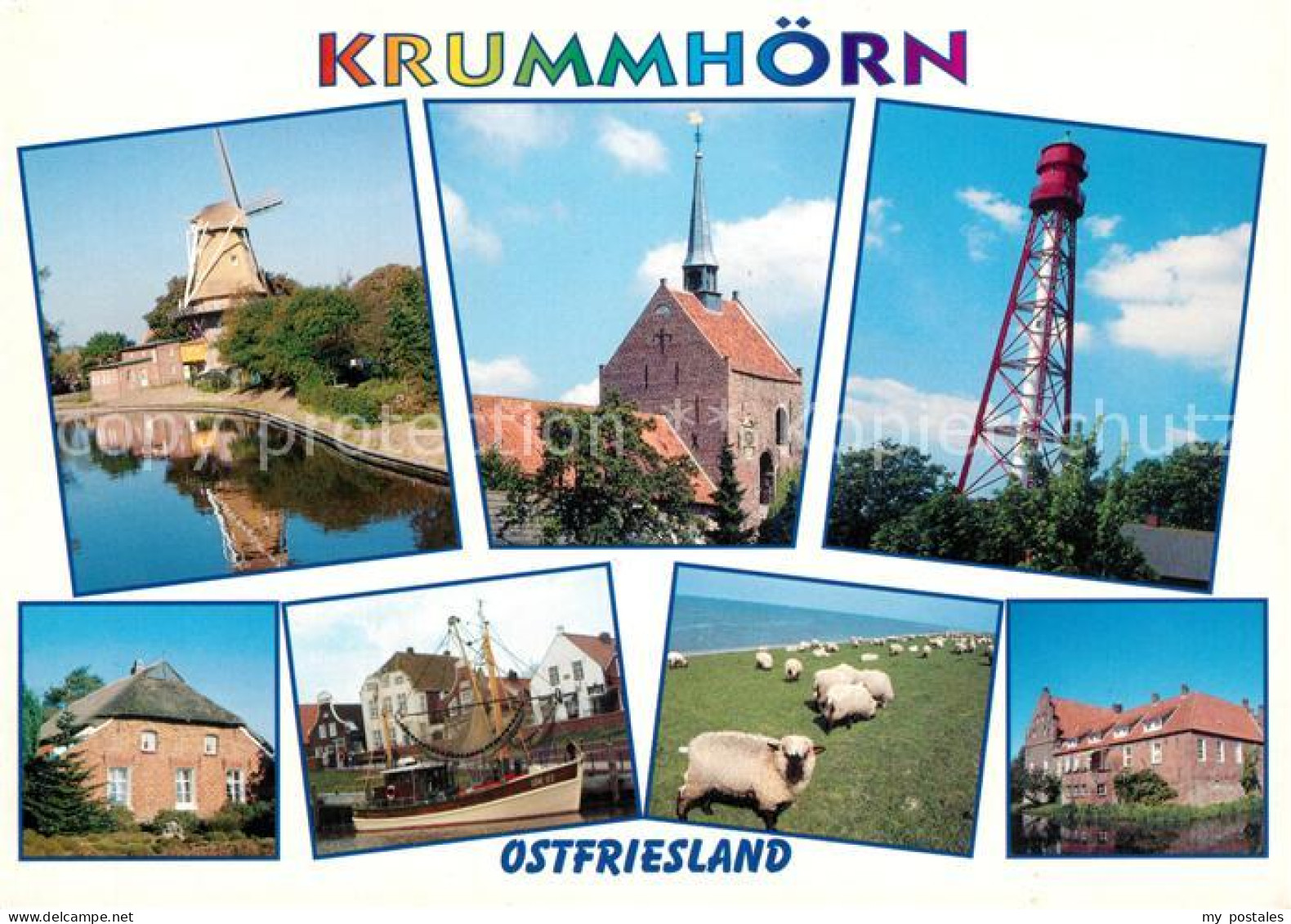 Krummhoern Muehle Kirche Leuchtturm Schafweide Fischerboot