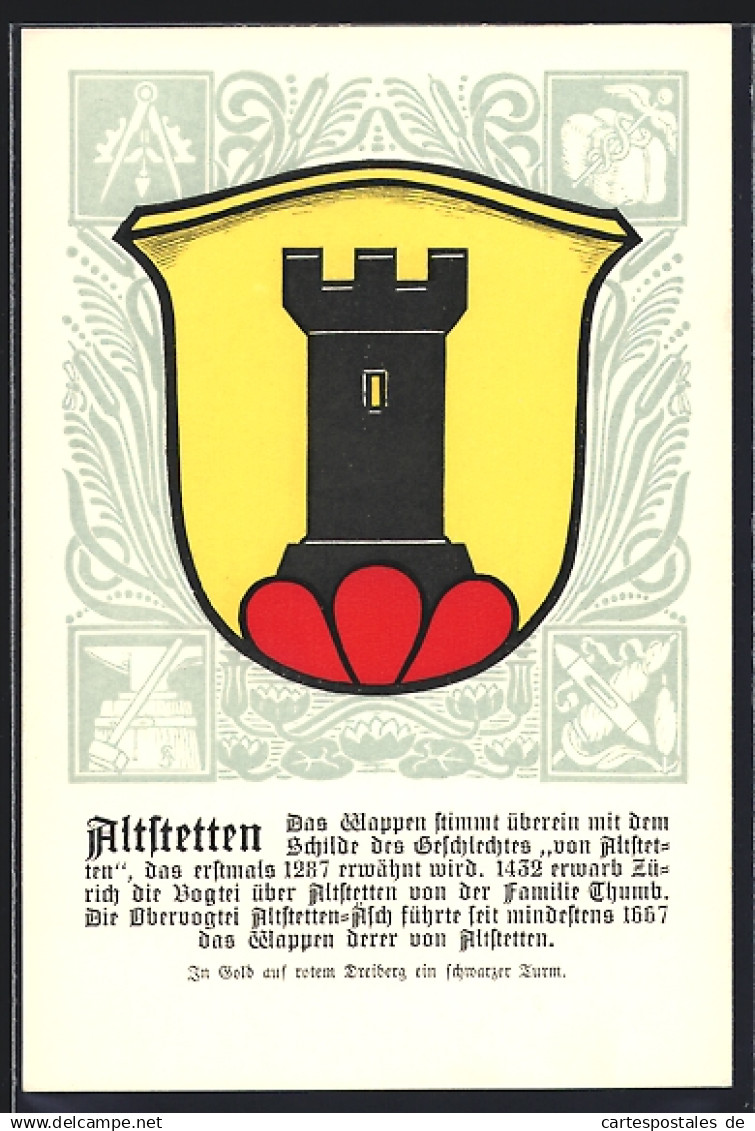 Künstler-AK Altstetten, Wappen mit schwarzer Turm auf Dreiberg
