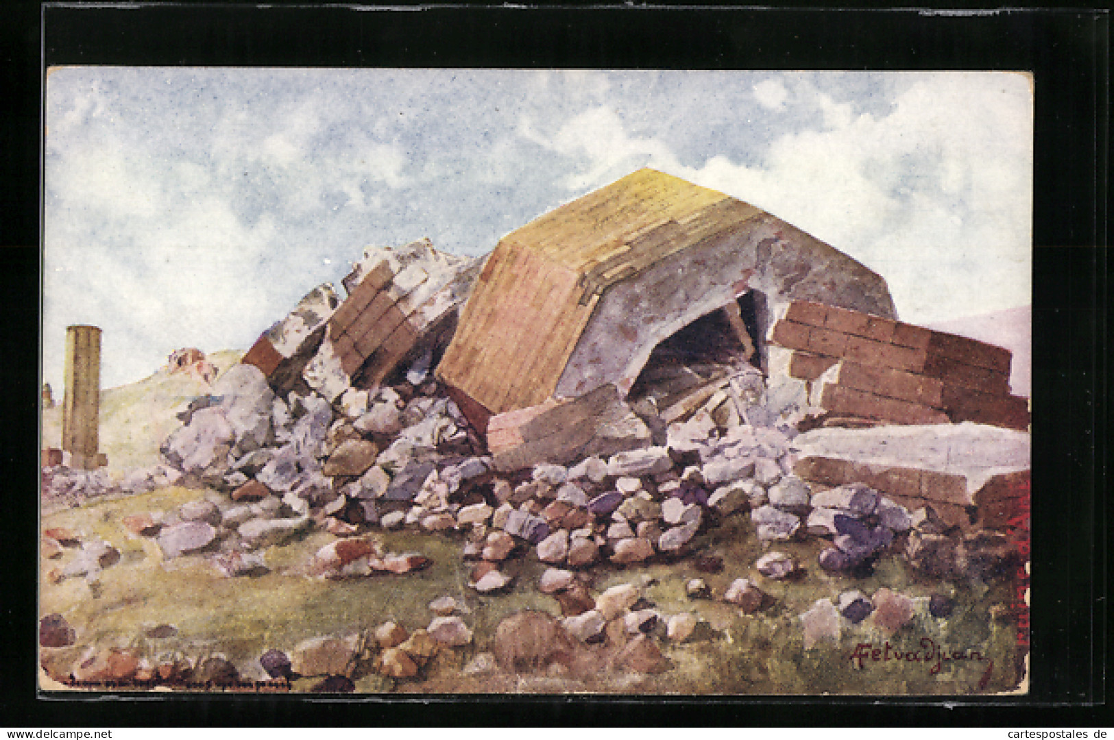 Künstler-AK Armenien, Zerstörtes Gebäude