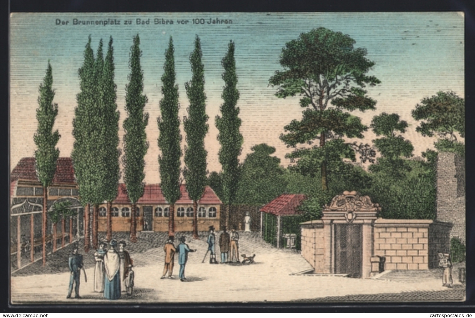 Künstler-AK Bad Bibra, Brunnenplatz vor 100 Jahren