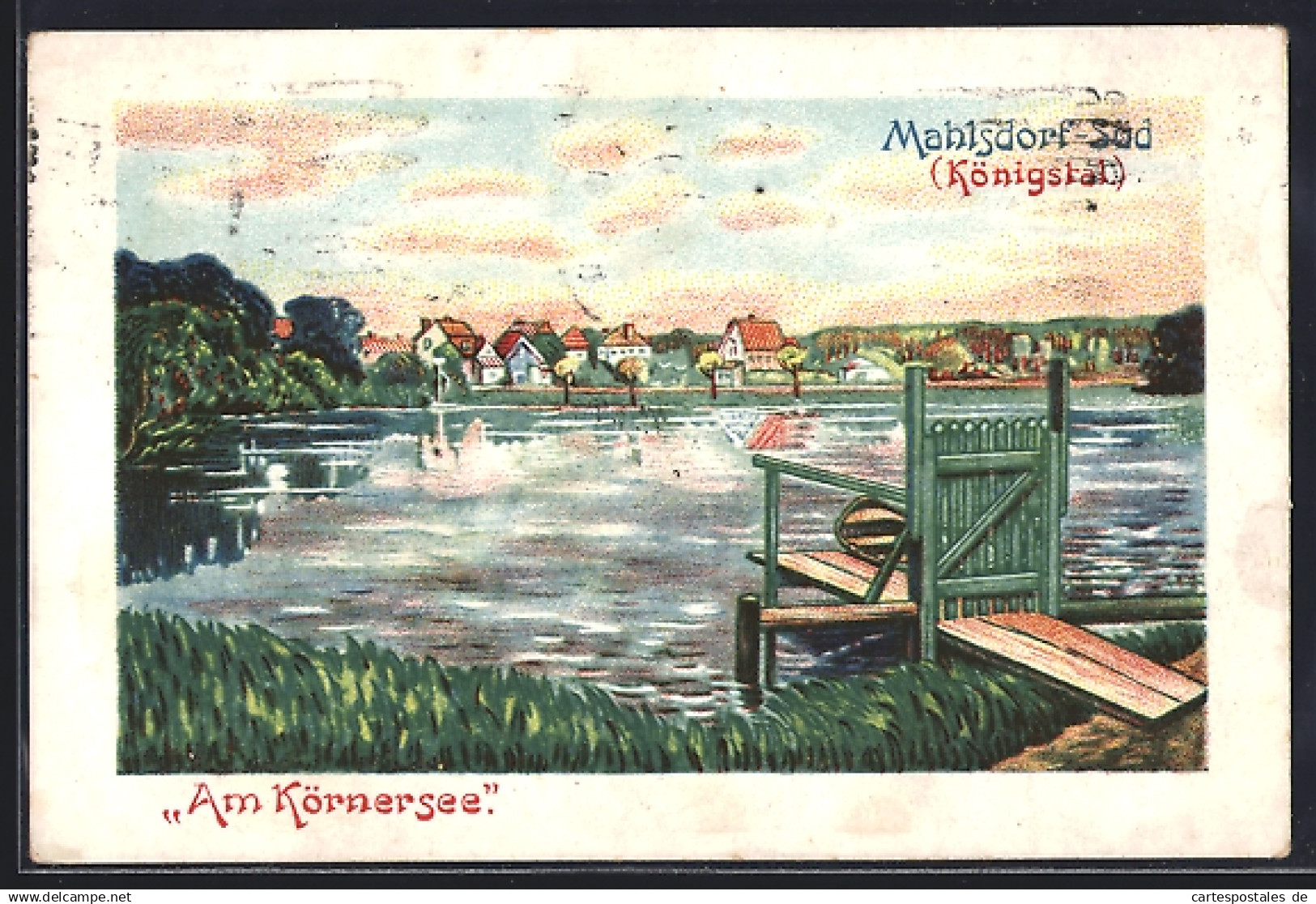 Künstler-AK Berlin-Mahlsdorf-Süd, Königstal, Körnersee mit Ortspanorama
