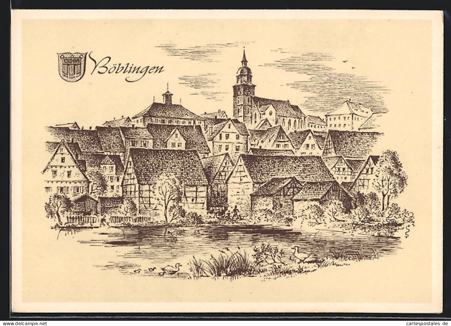 Künstler-AK Böblingen, Partie am Ufer mit Kirche, Wappen