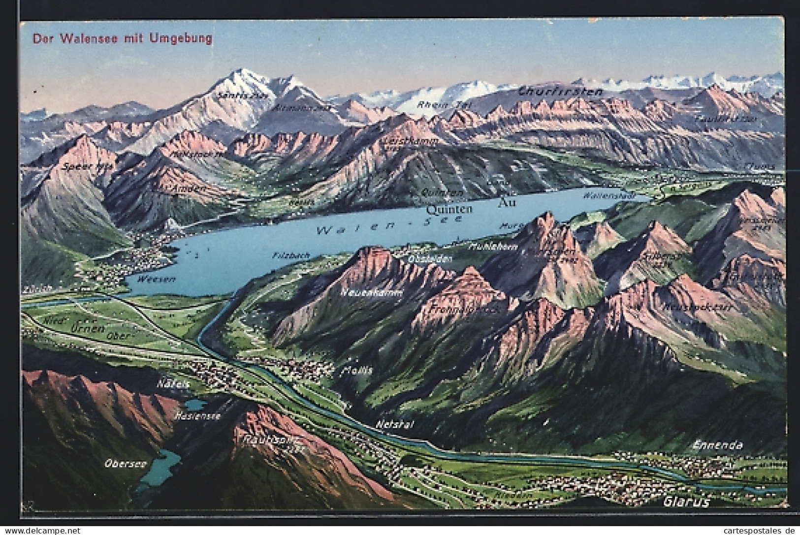 Künstler-AK Glarus, Ortsansicht mit Ennenda, Mollis und Näfels, Churfirsten