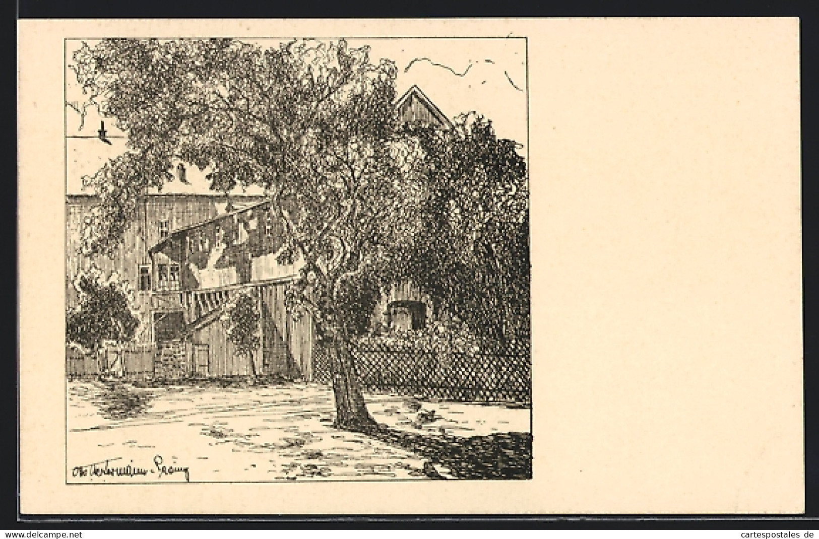 Künstler-AK Grünberg, Baum im Schlosshof