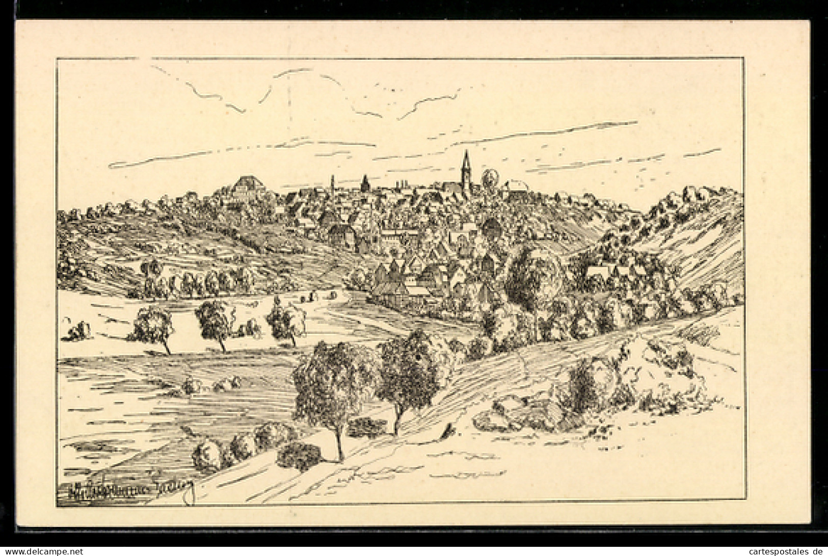 Künstler-AK Grünberg in Hessen, Gesamtansicht des Ortes