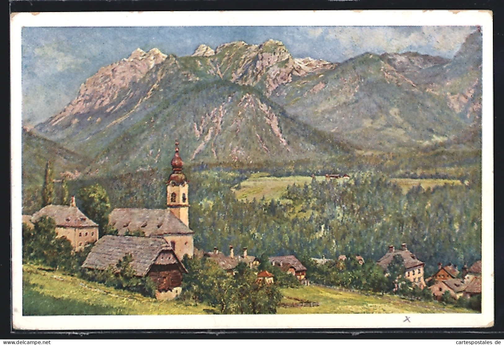 Künstler-AK Haus im Ennstal, Ortspartie mit Kirche