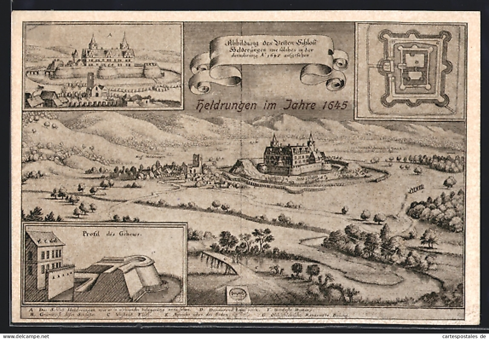 Künstler-AK Heldrungen, Ortsansicht mit Schloss im Jahre 1645, Grundriss der Schlossanlage