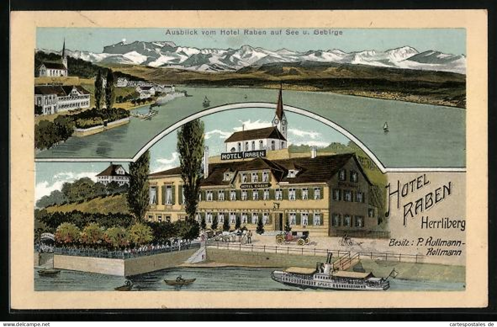 Künstler-AK Herrliberg, Hotel Raben mit Ausblick auf See und Gebirge