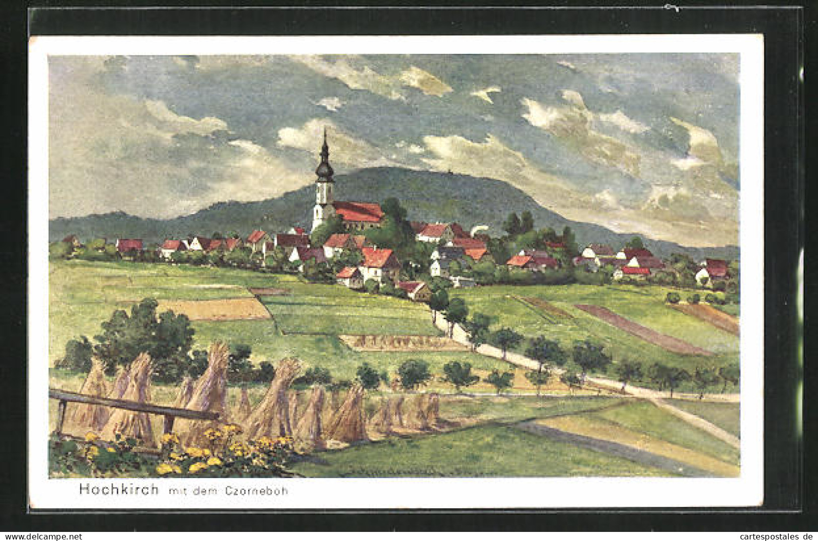 Künstler-AK Hochkirch, Panorama mit dem Czorneboh