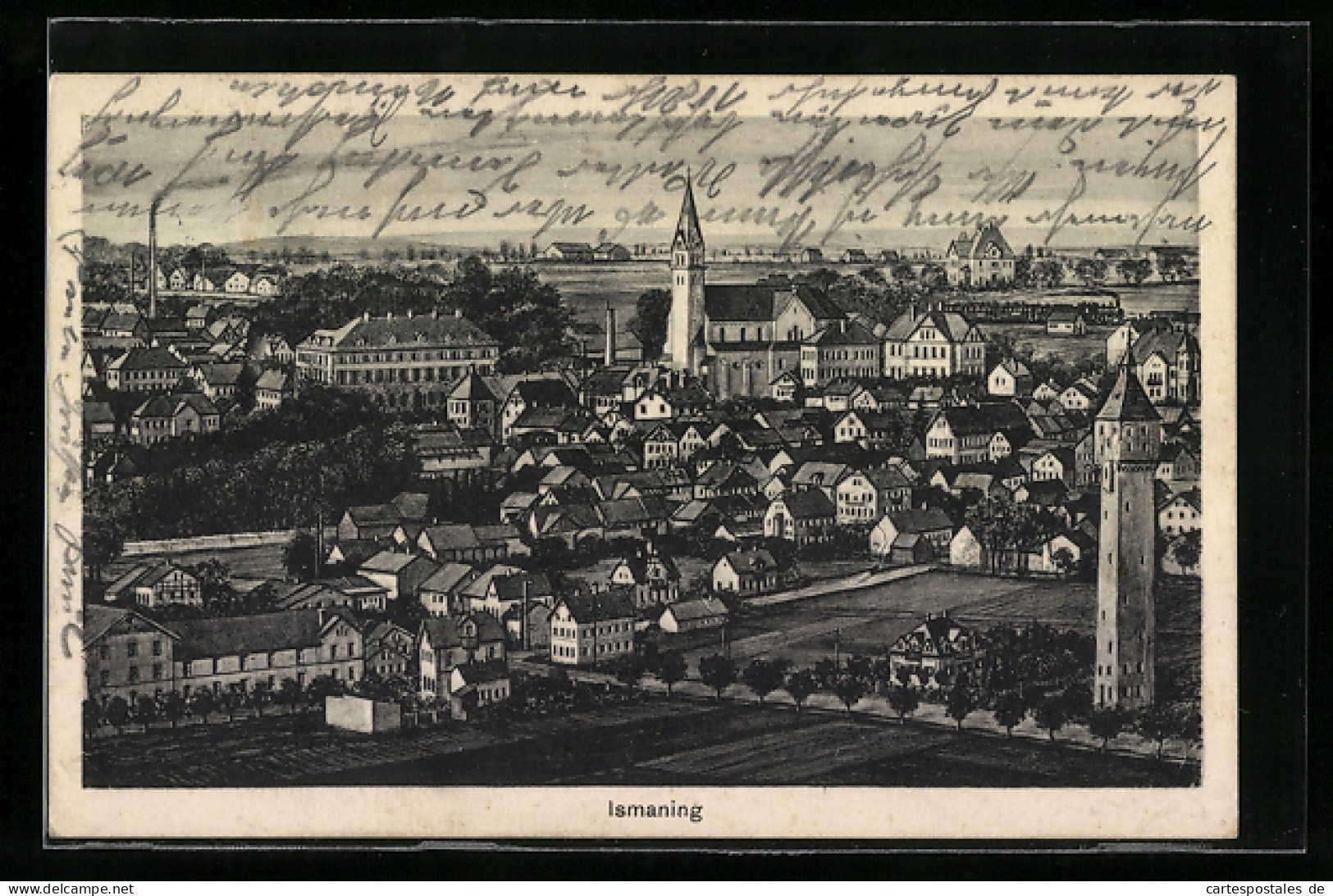 Künstler-AK Ismaning, Ortsansicht aus der Vogelschau