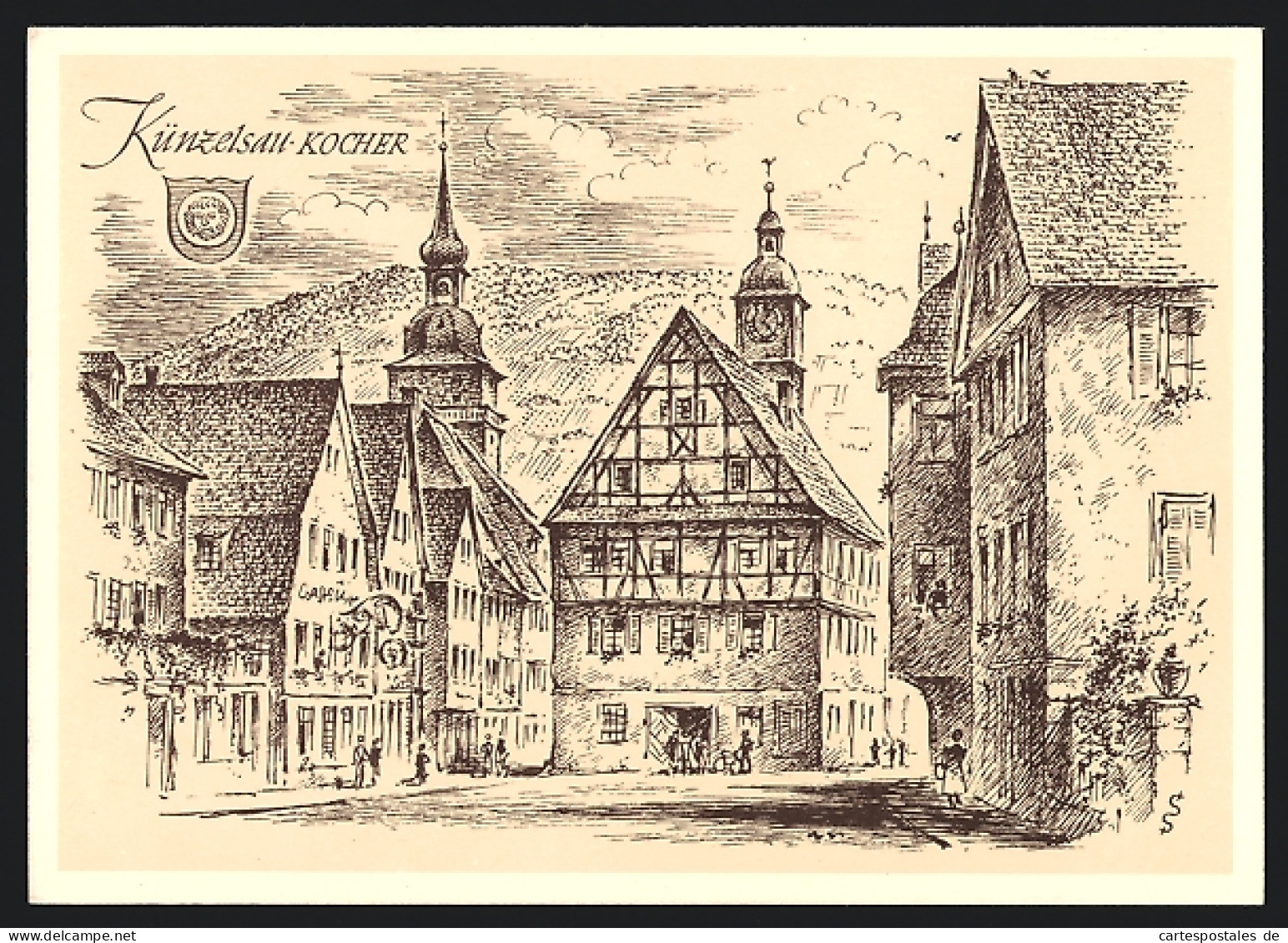 Künstler-AK Künzelsau /Kocher, Strassenpartie mit Fachwerkhäusern