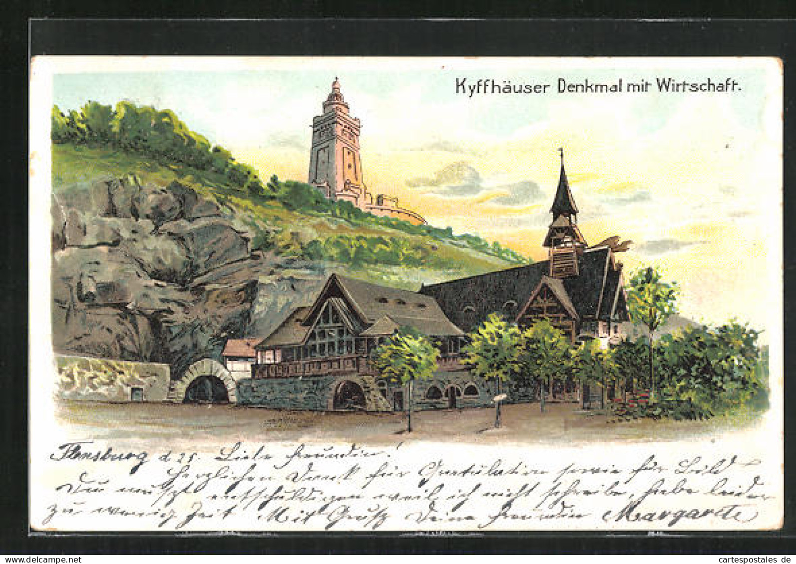 Künstler-AK Kyffhäuser, Kyffhäuser Denkmal mit Gasthaus