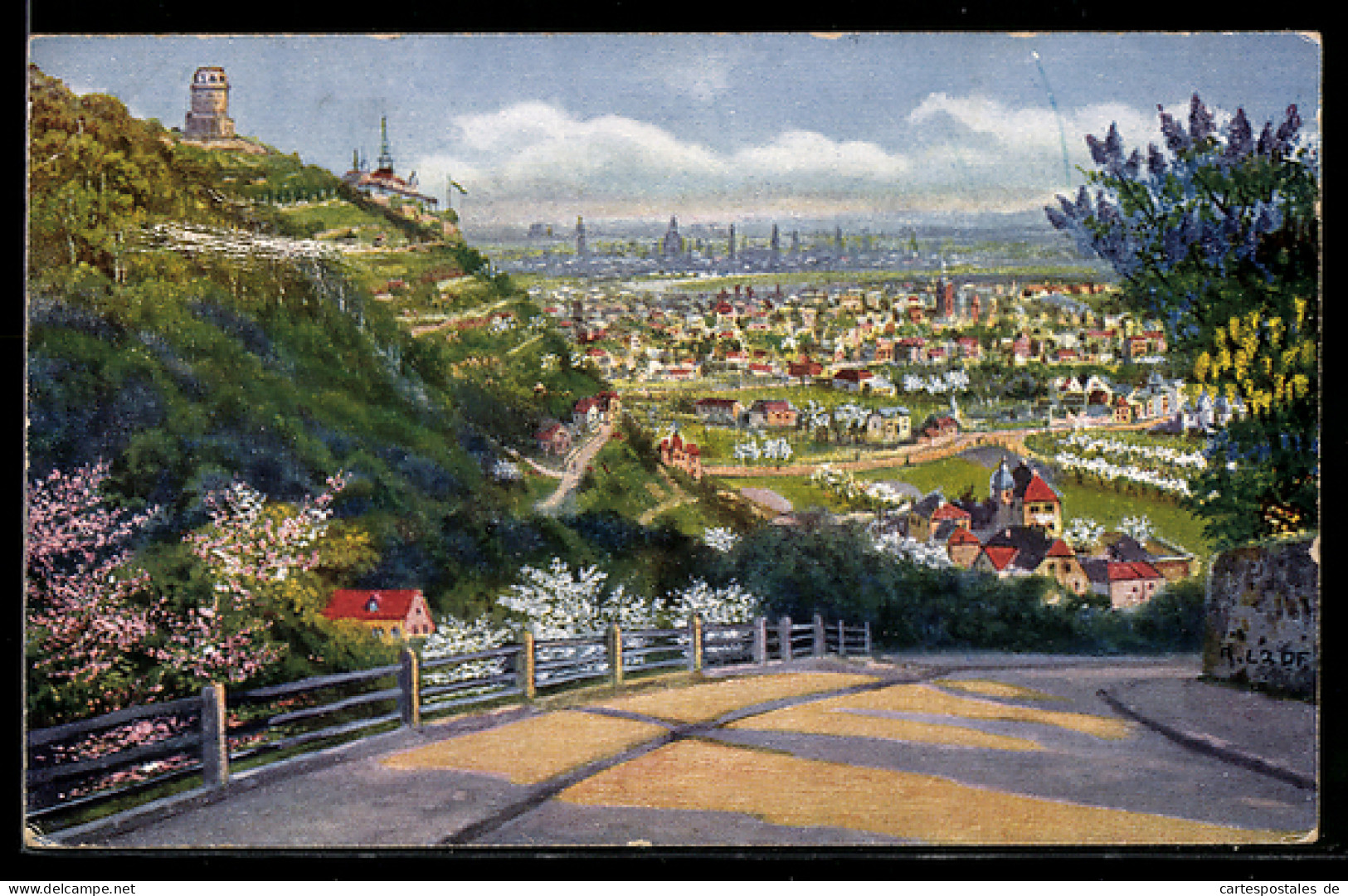 Künstler-AK Lössnitz, Blick auf Dresden