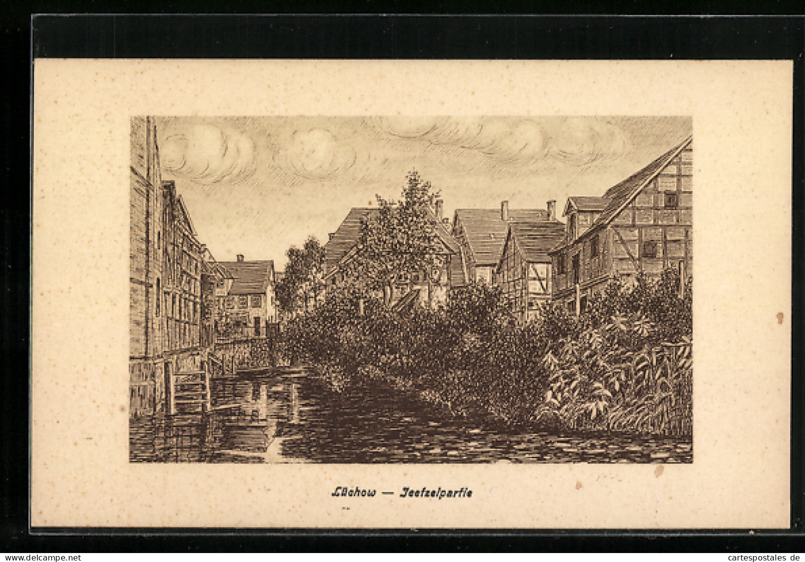 Künstler-AK Lüchow, Jeefzelpartie, alte Fachwerkhäuser