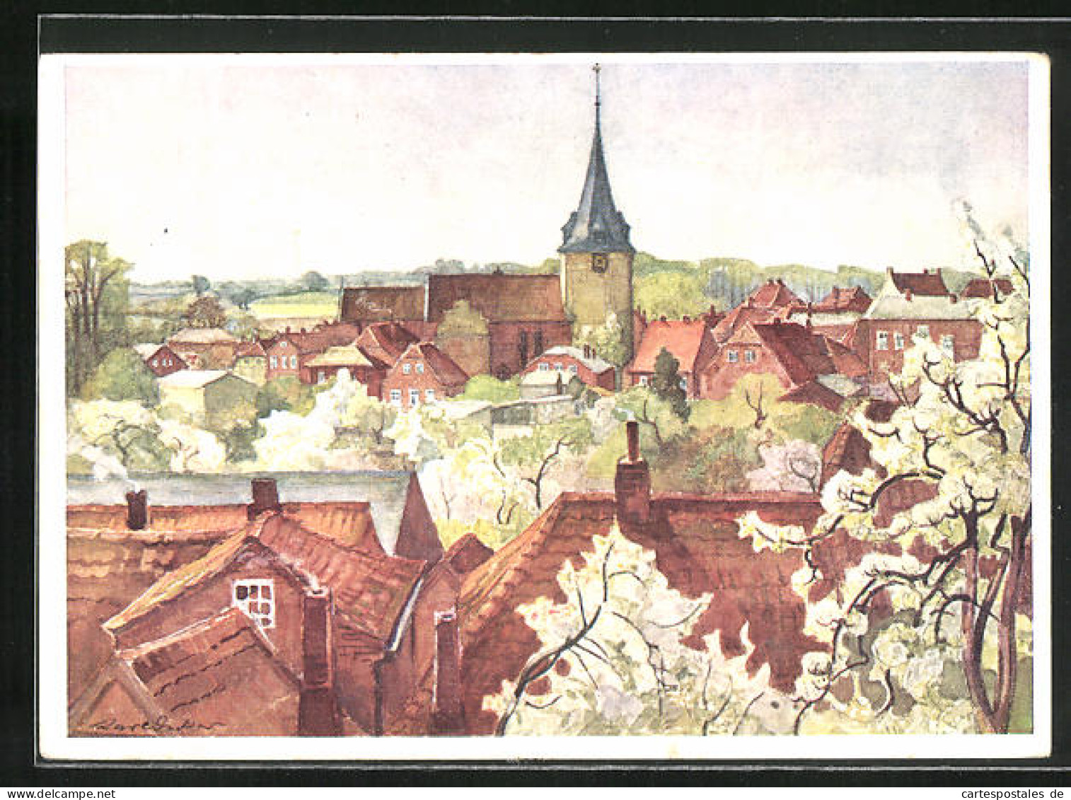 Künstler-AK Lütjenburg, Ortsansicht im Frühling