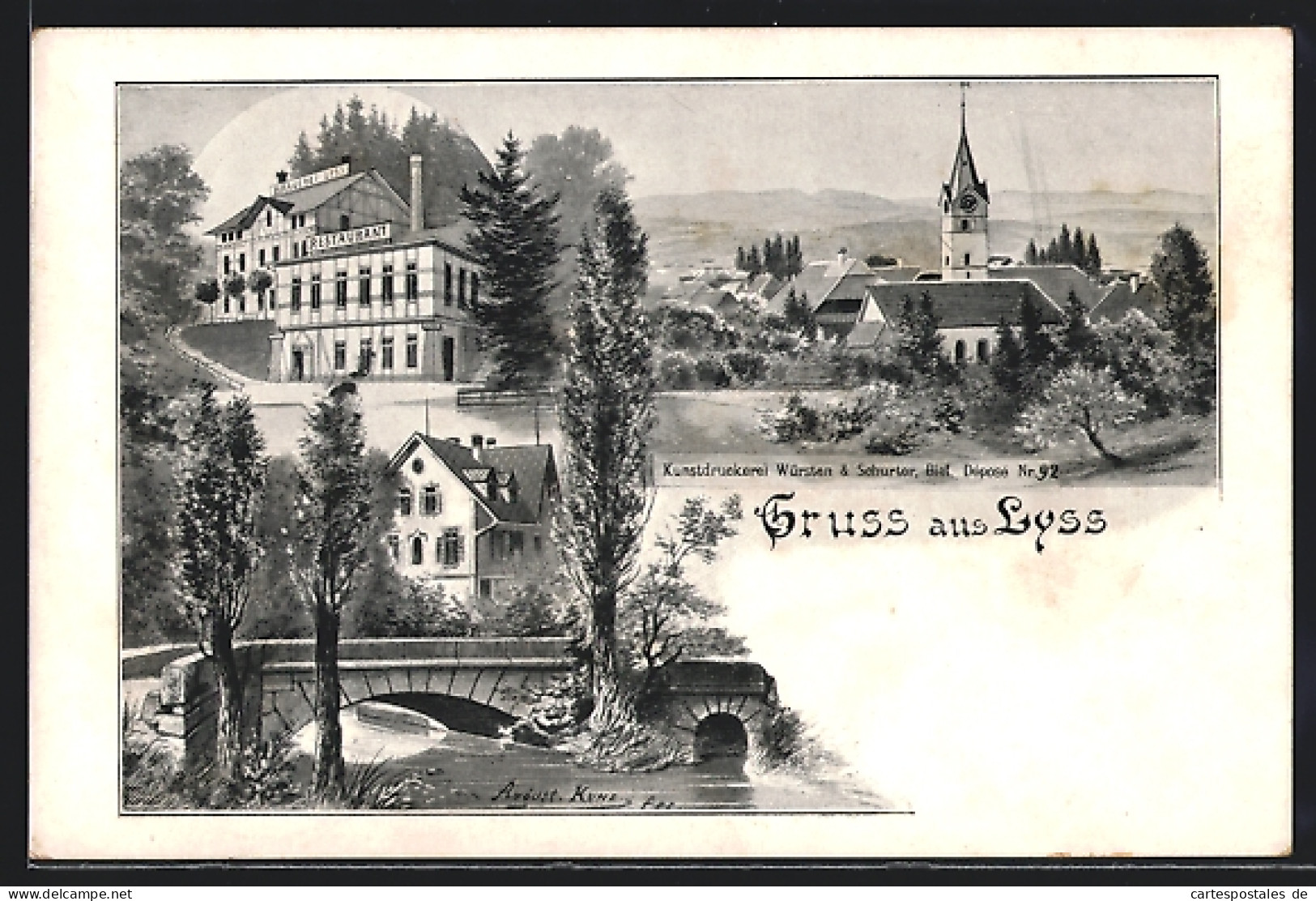 Künstler-AK Lyss, Brauerei und Restaurant Lyss, Partie an der Brücke