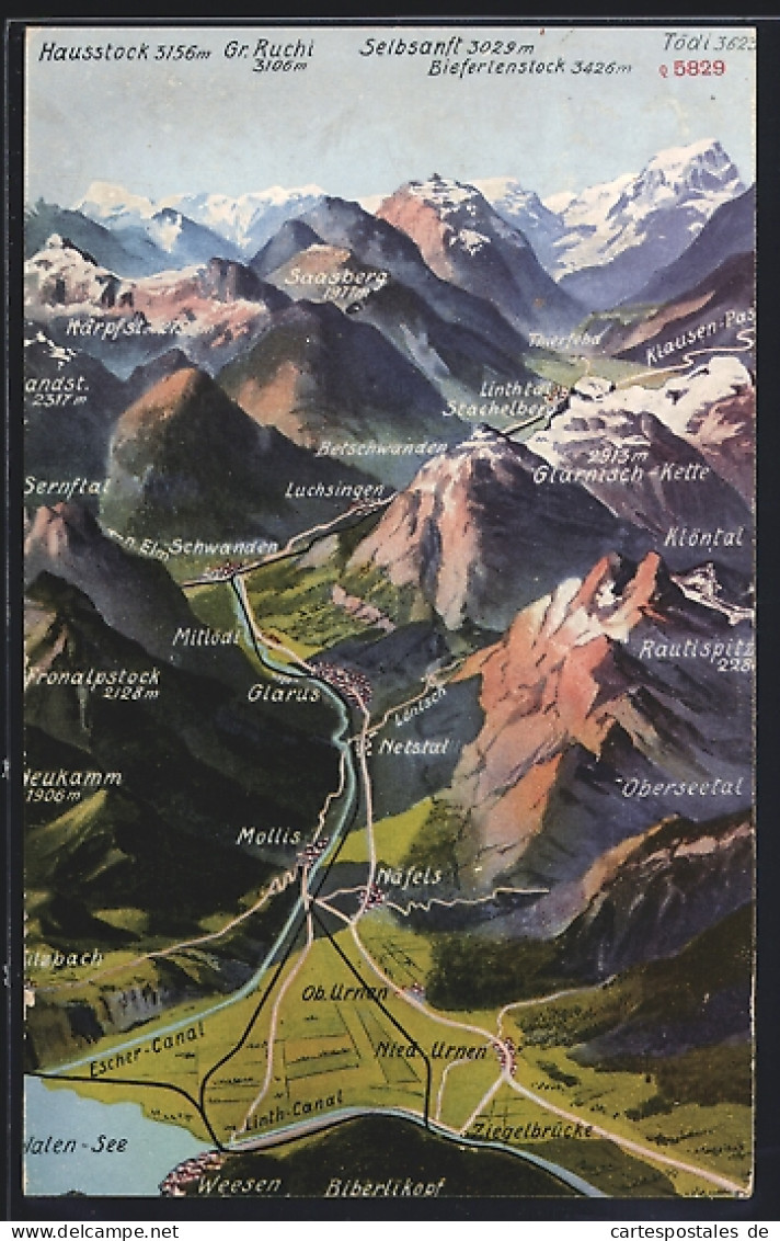 Künstler-AK Mollis, Ortsansicht mit Luchsingen und Näfels, Tödi, Biefertenstock und Selbsanft