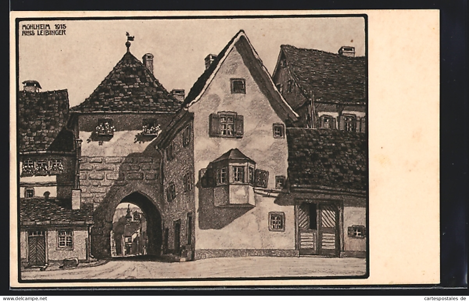 Künstler-AK Mühlheim /Donau, Ortspartie mit Tor