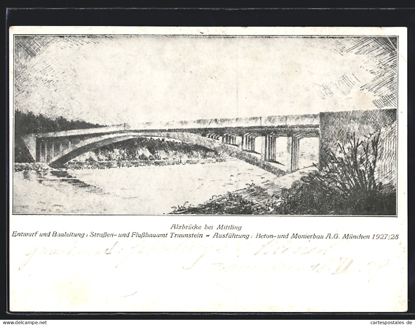 Künstler-AK Neuötting, Blick zur Alzbrücke Mittling