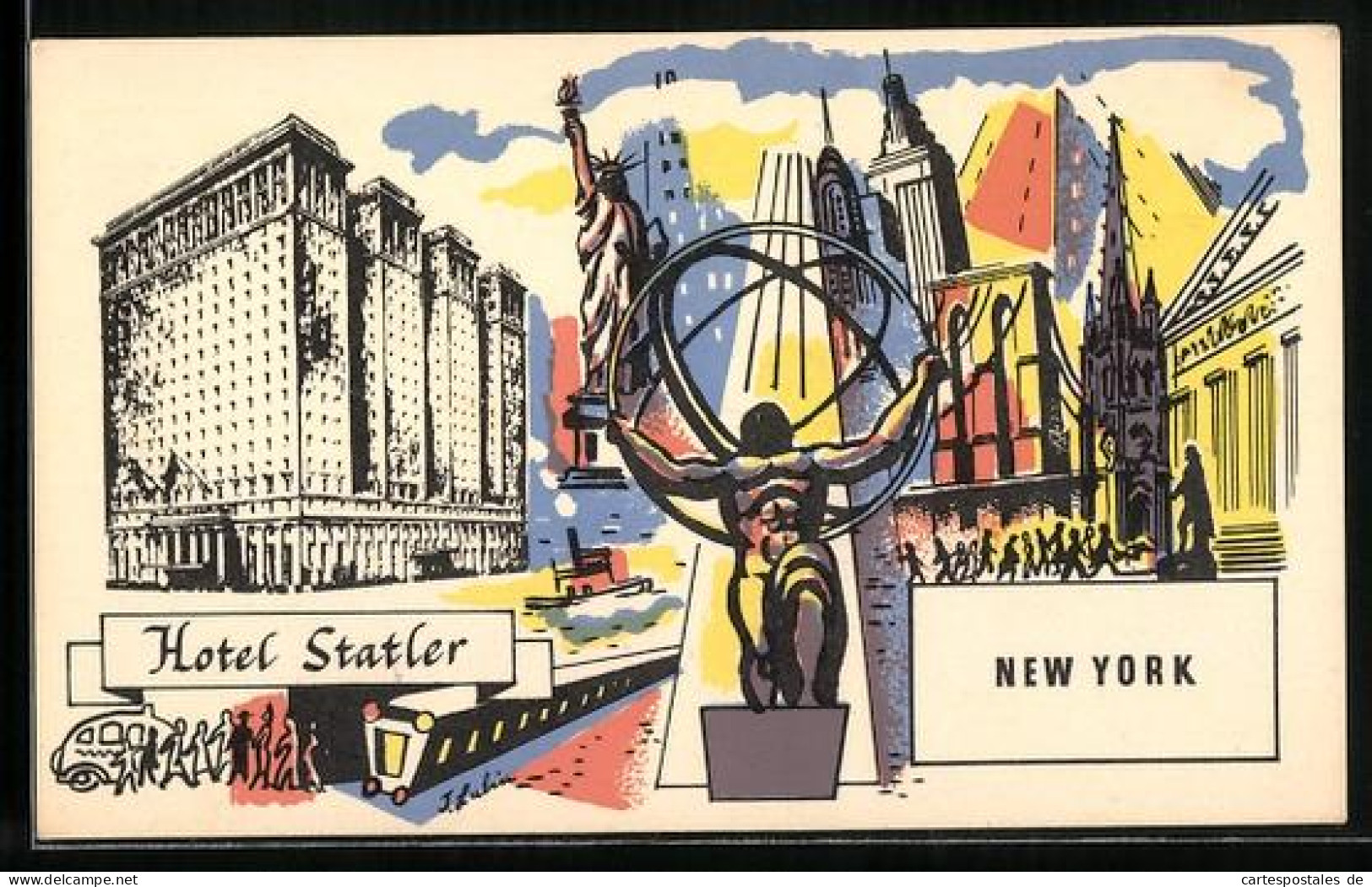Künstler-AK New York, NY, Hotel Statler, Freiheitsstatue, Empire State Building