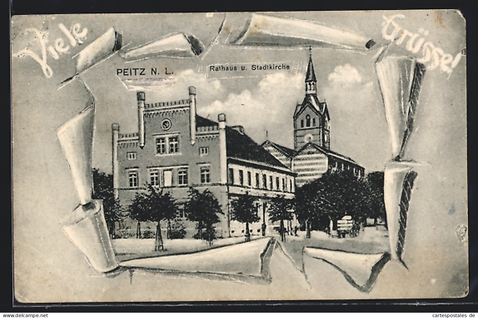 Künstler-AK Peitz /N. L., Rathaus und Stadtkirche