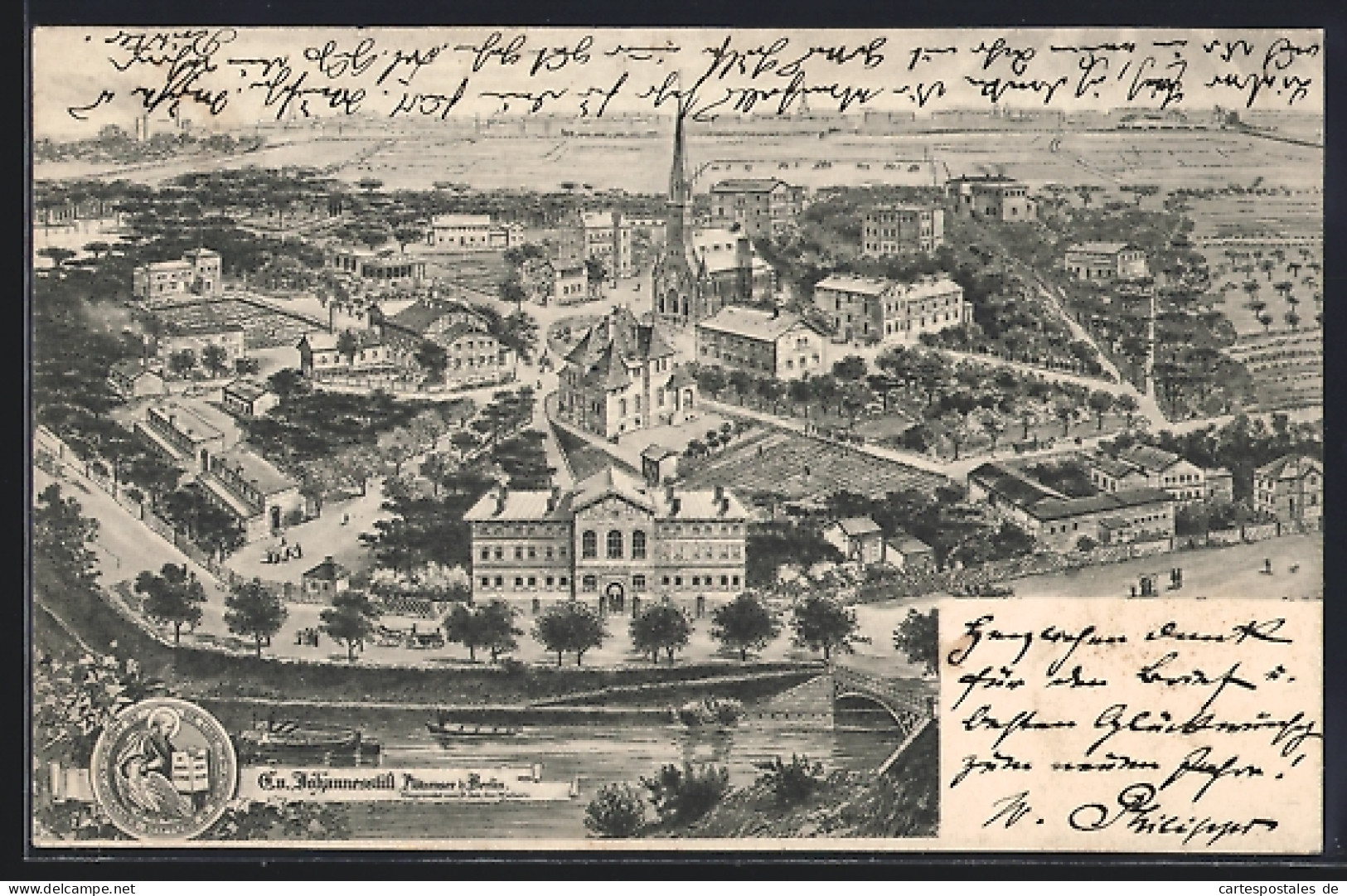 Künstler-AK Plötzensee /Berlin, Evangelisches Johannesstift mit Strasse und Brücke aus der Vogelschau, Siegel