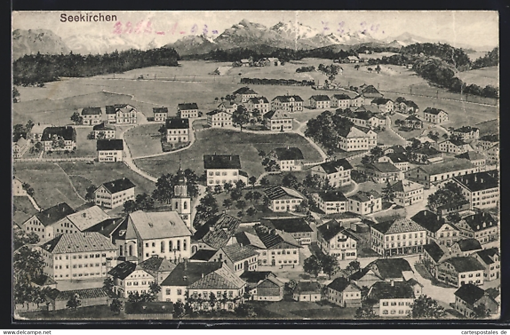 Künstler-AK Seekirchen am Wallersee, Teilansicht mit Kirche