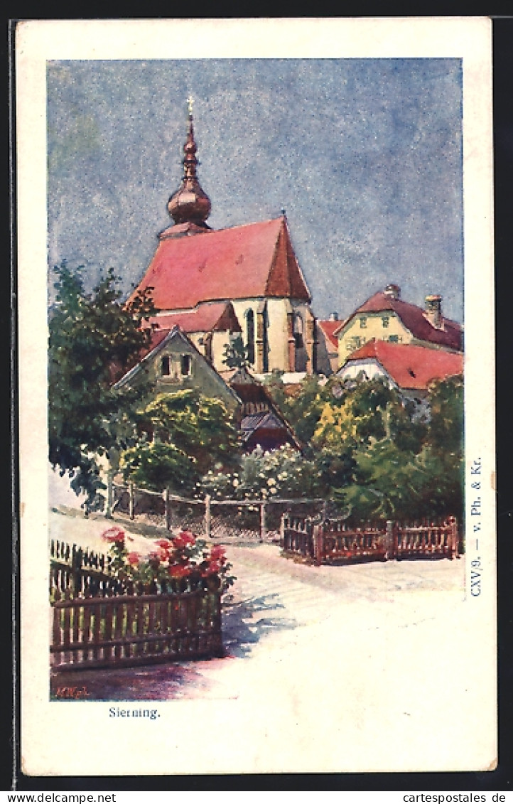 Künstler-AK Sierning, Ortspartie mit Kirche