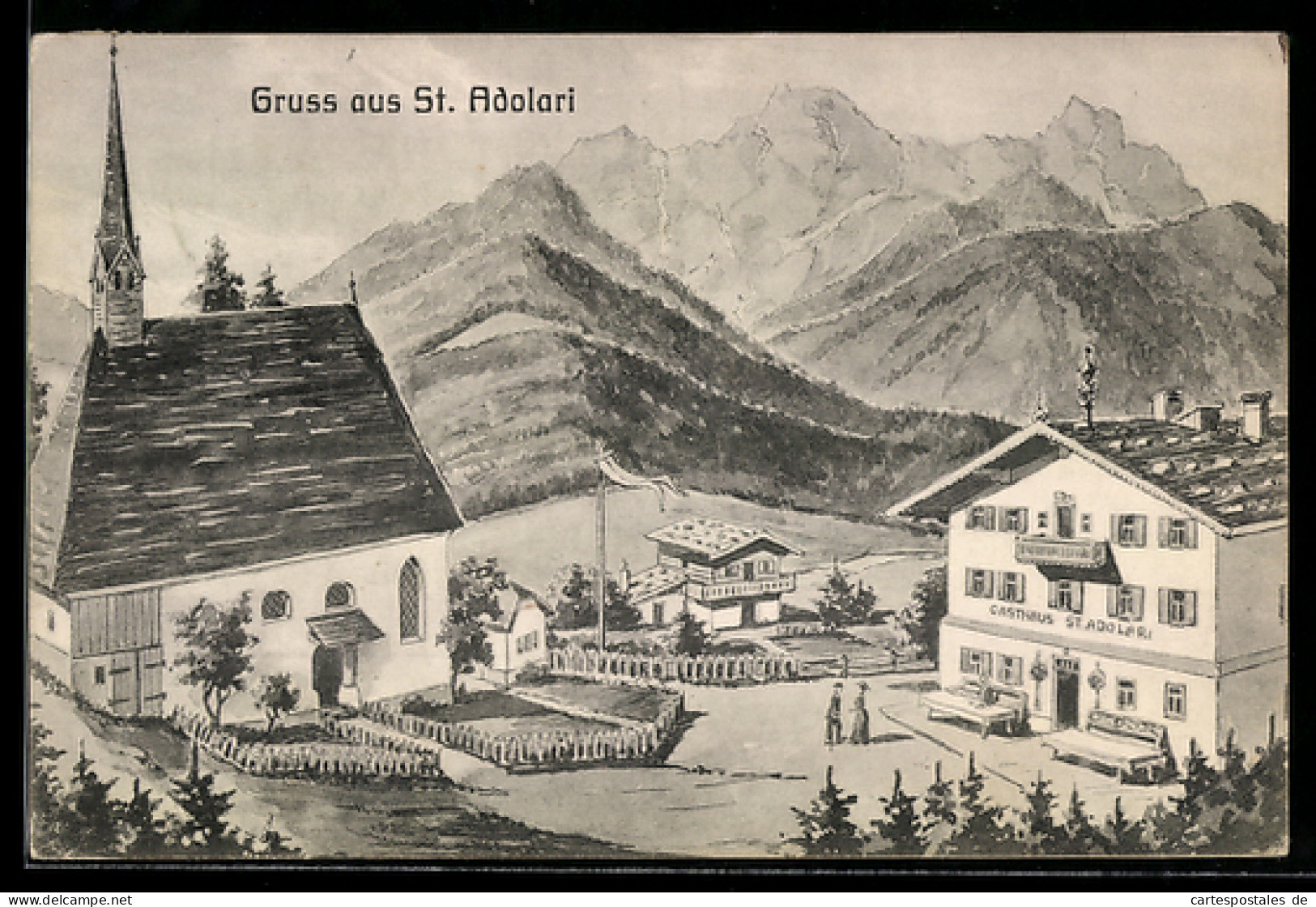 Künstler-AK St. Ulrich am Pillersee, Gasthaus St. Adolari und Kirche